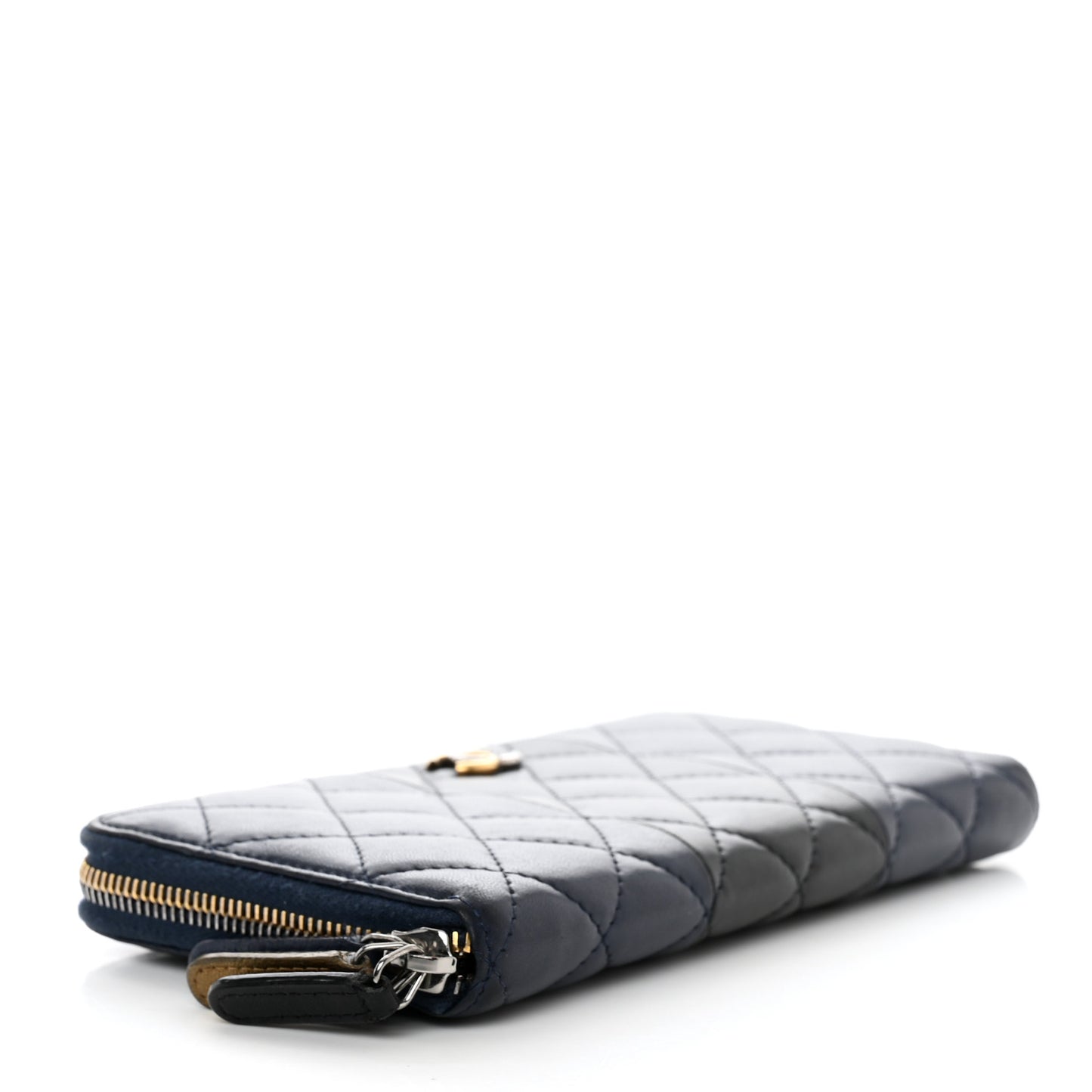 Lambskin Quilted Large Gusset Zip Around Wallet Blue Black