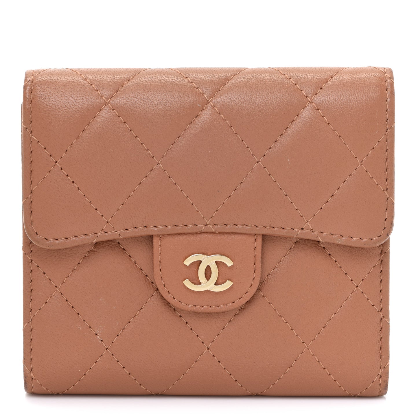 Lambskin Quilted Compact Flap Wallet Beige