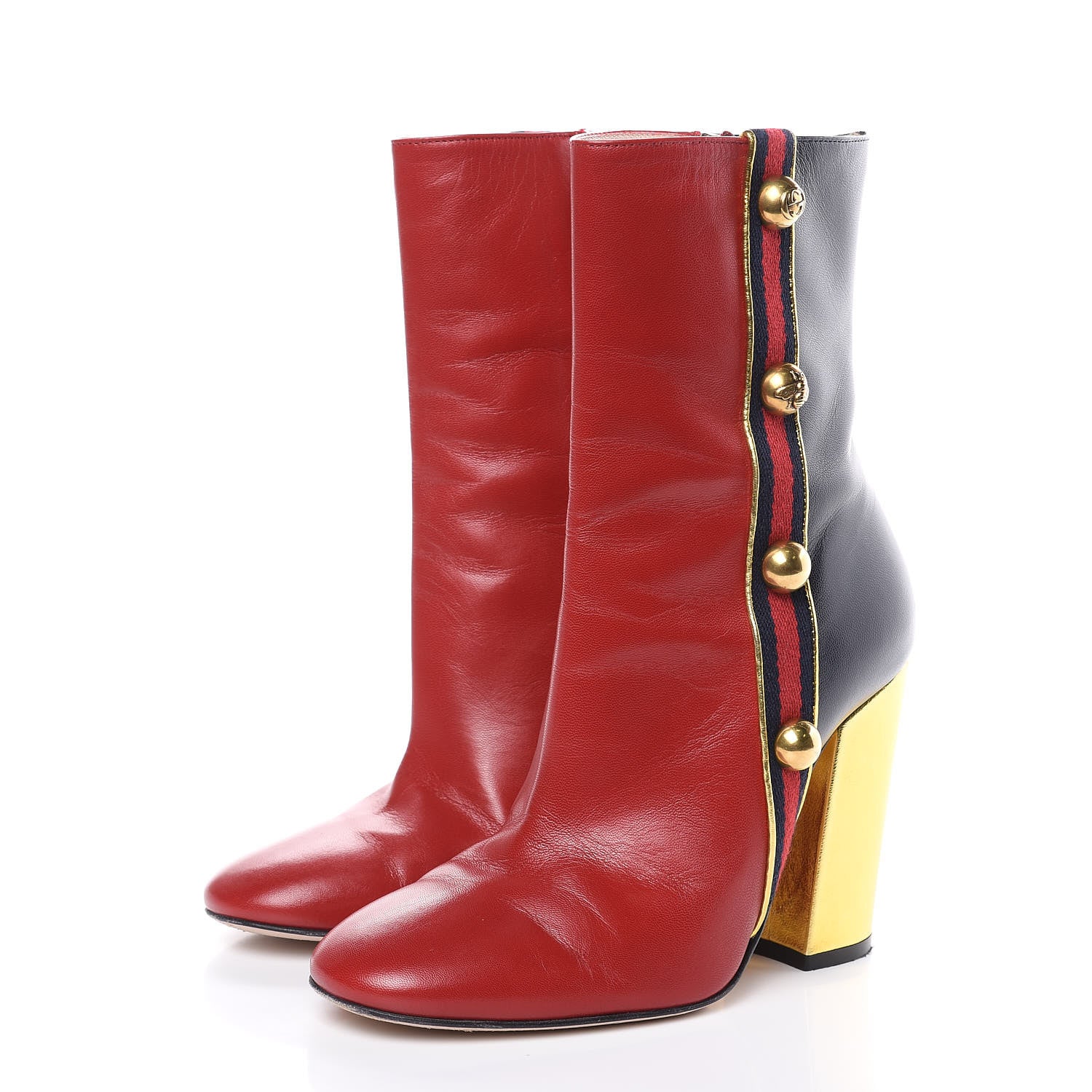 Gucci Malaga Kid Web Carly Mid Calf Boots 35.5 Hibiscus Red Oro Blue 3 of 10