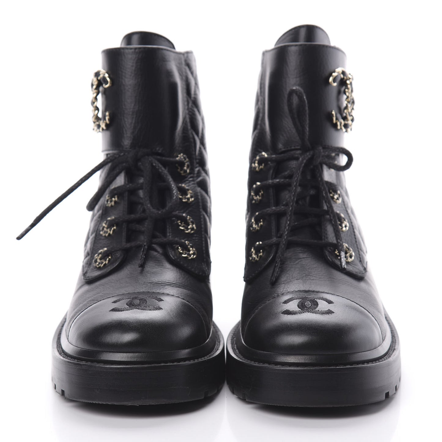 Shiny Goatskin Calfskin Quilted Lace Up Combat Boots 39 Black