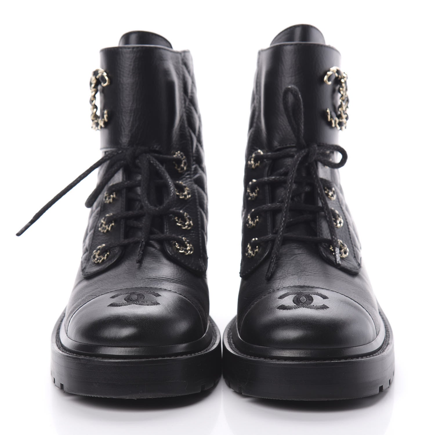 Chanel Shiny Goatskin Calfskin Quilted Lace Up Combat Boots 39 Black 2 of 8
