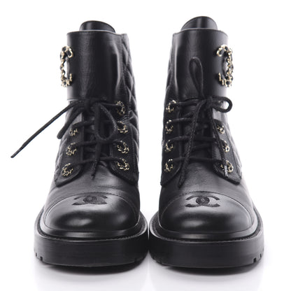 Chanel Shiny Goatskin Calfskin Quilted Lace Up Combat Boots 39 Black 2 of 8