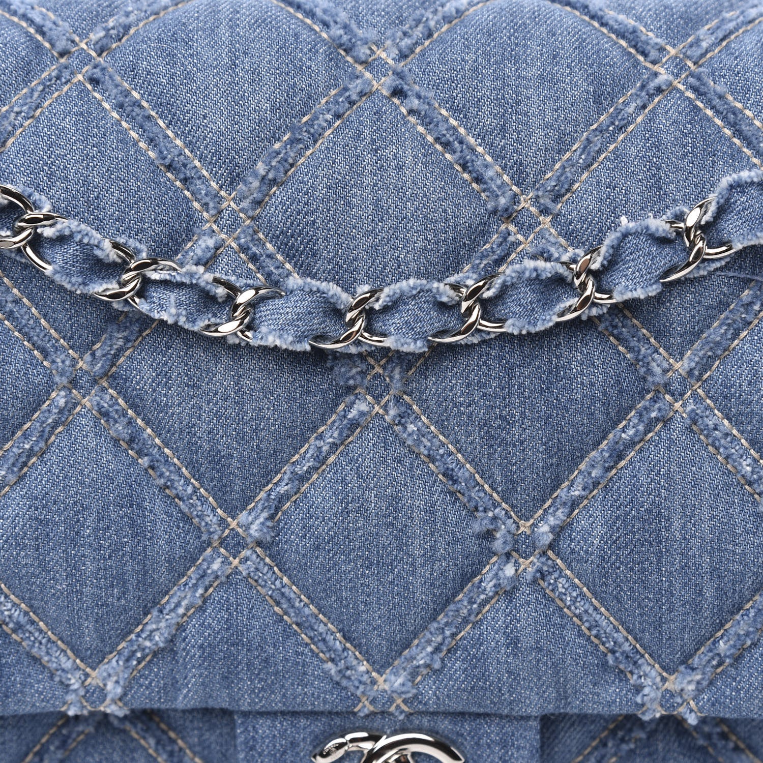 Chanel Frayed Denim Quilted Large Blue Chip Flap Blue 8 of 11