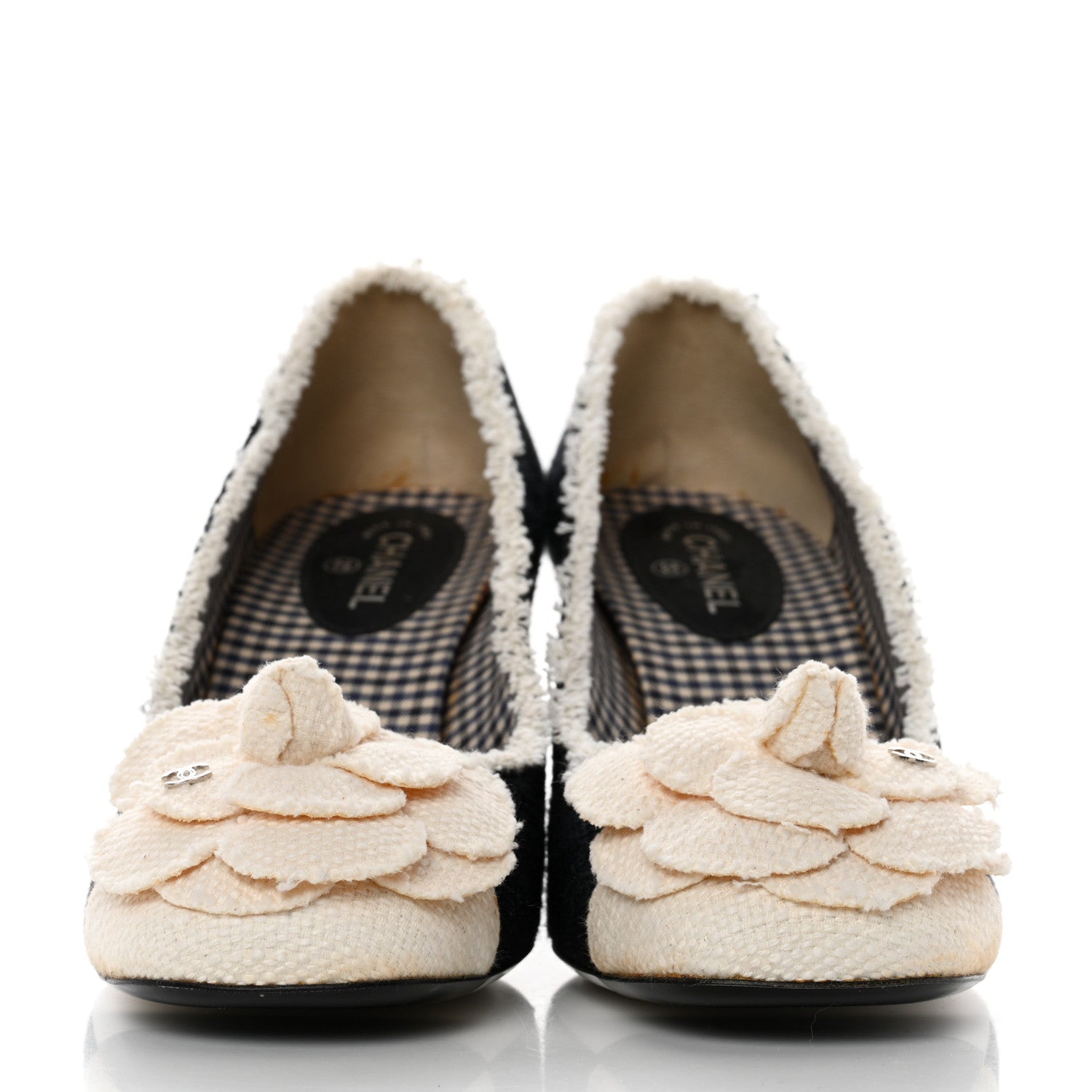 Chanel Tweed Escarpins Camellia CC Pumps 37.5 Navy White 2 of 13