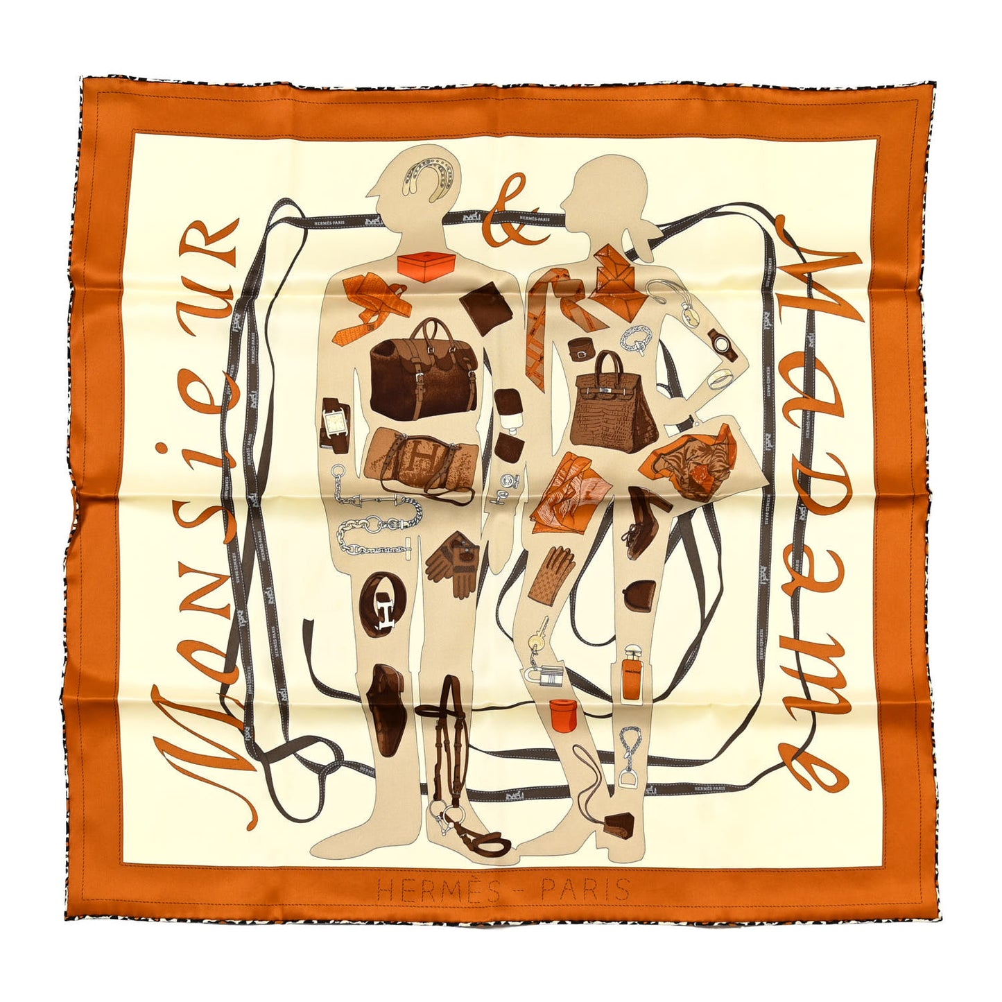 Vintage Silk Monsieur Et Madame Scarf 70 Caramel Creme Marron
