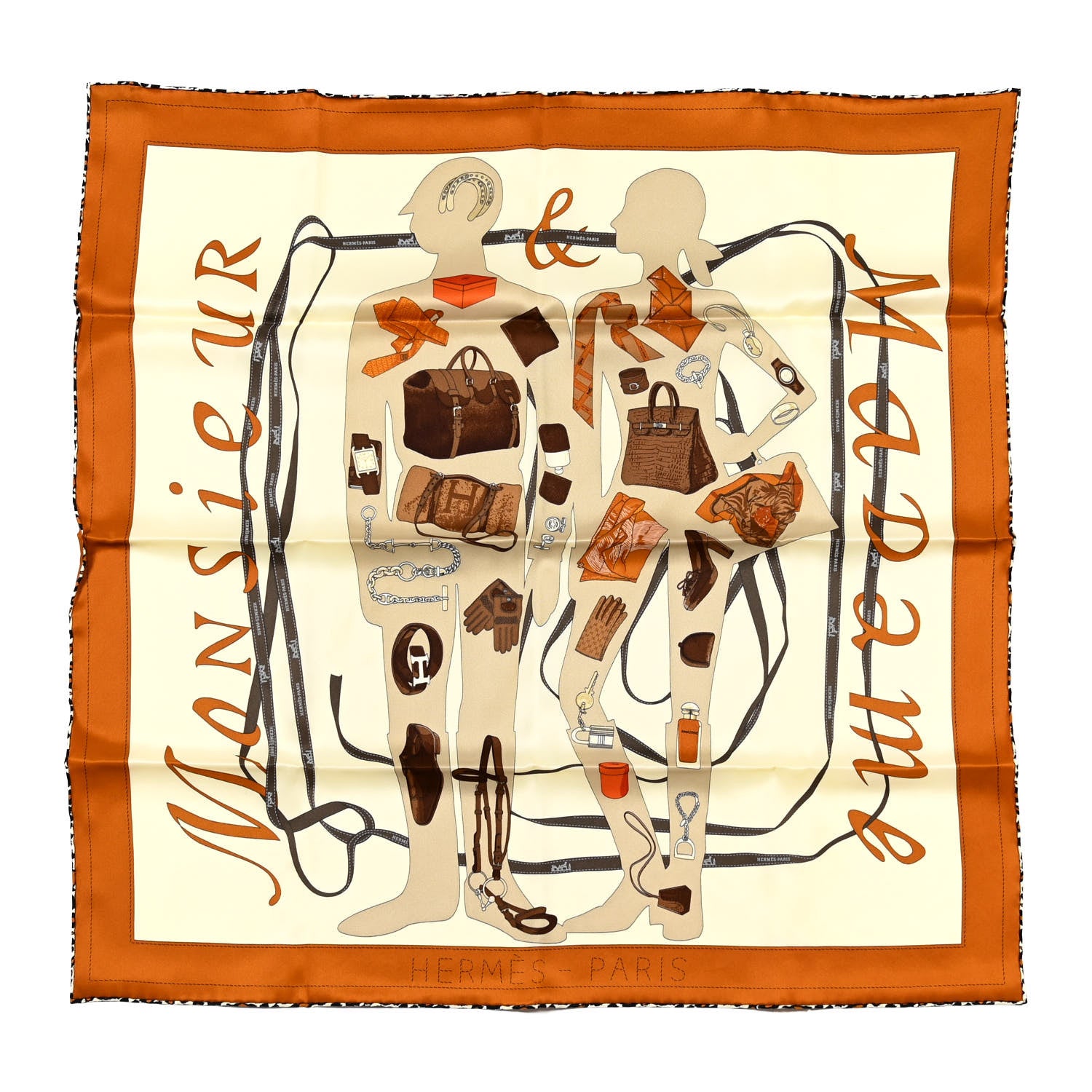 Hermes Vintage Silk Monsieur Et Madame Scarf 70 Caramel Creme Marron 1 of 4