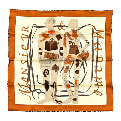 Hermes Vintage Silk Monsieur Et Madame Scarf 70 Caramel Creme Marron 1 of 4