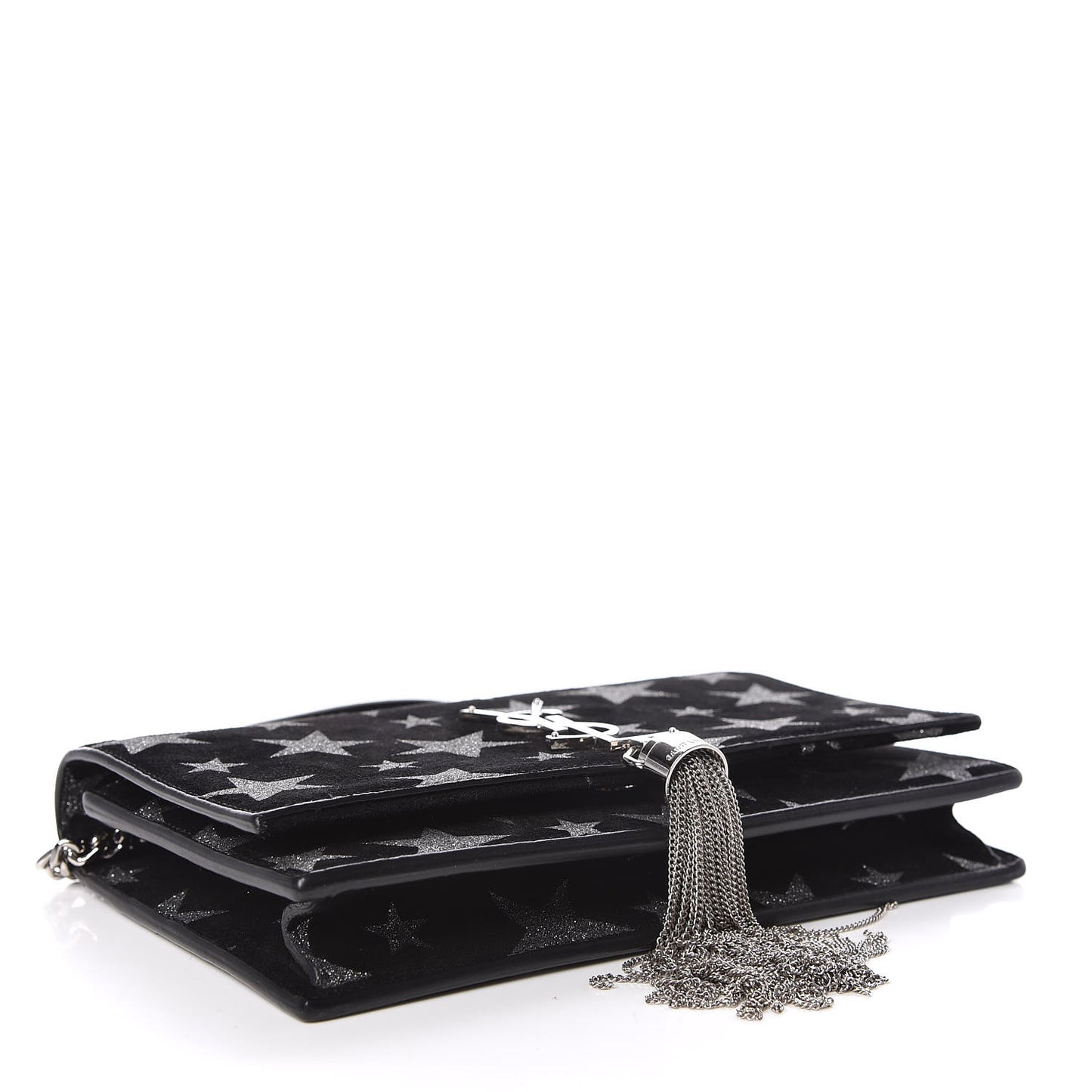 Suede Star Print Monogram Tassel Chain Wallet Black Silver