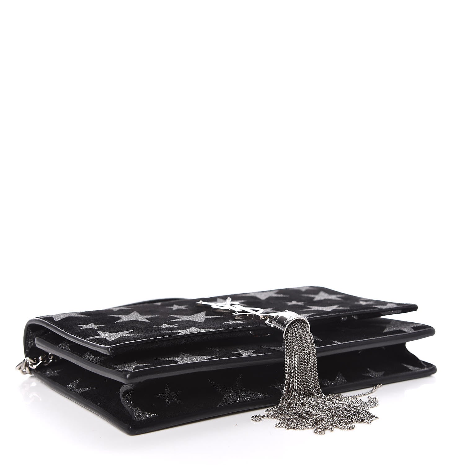 Saint Laurent Suede Star Print Monogram Tassel Chain Wallet Black Silver 4 of 10