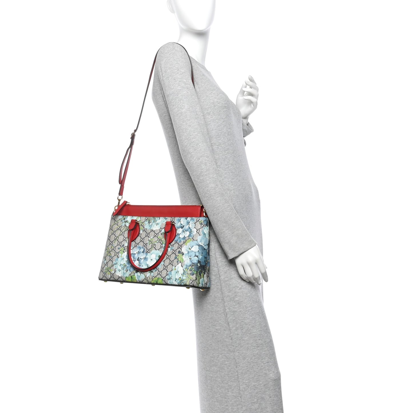 GG Supreme Monogram Blooms Small Zip Top Tote Beige Blue Navy Hibiscus Red