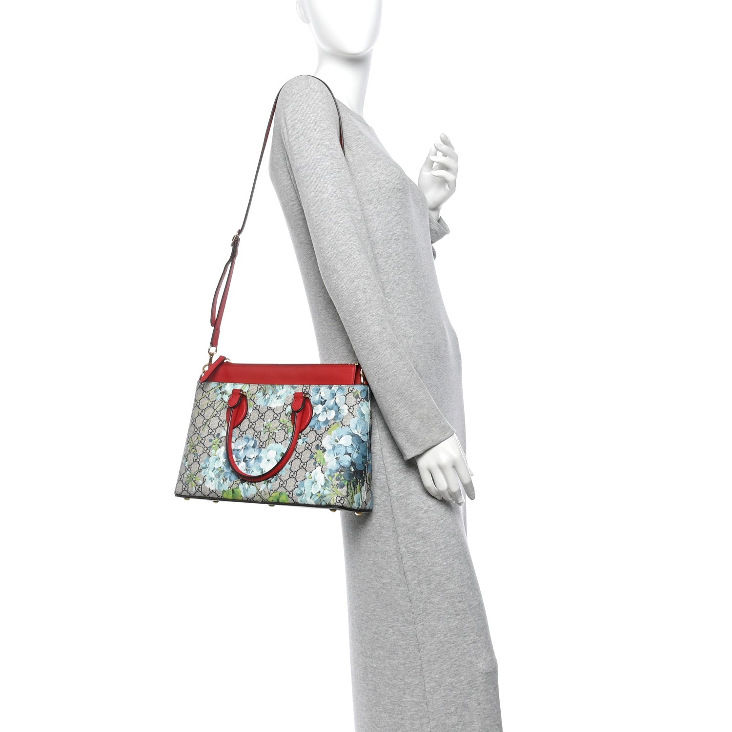 Gucci GG Supreme Monogram Blooms Small Zip Top Tote Beige Blue Navy Hibiscus Red 2 of 14