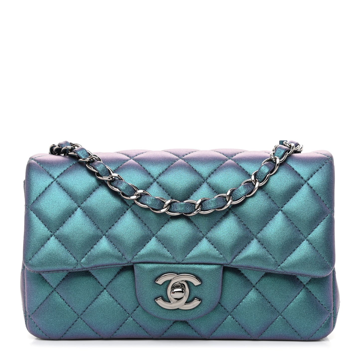 Iridescent Lambskin Quilted Mini Rectangular Flap Turquoise
