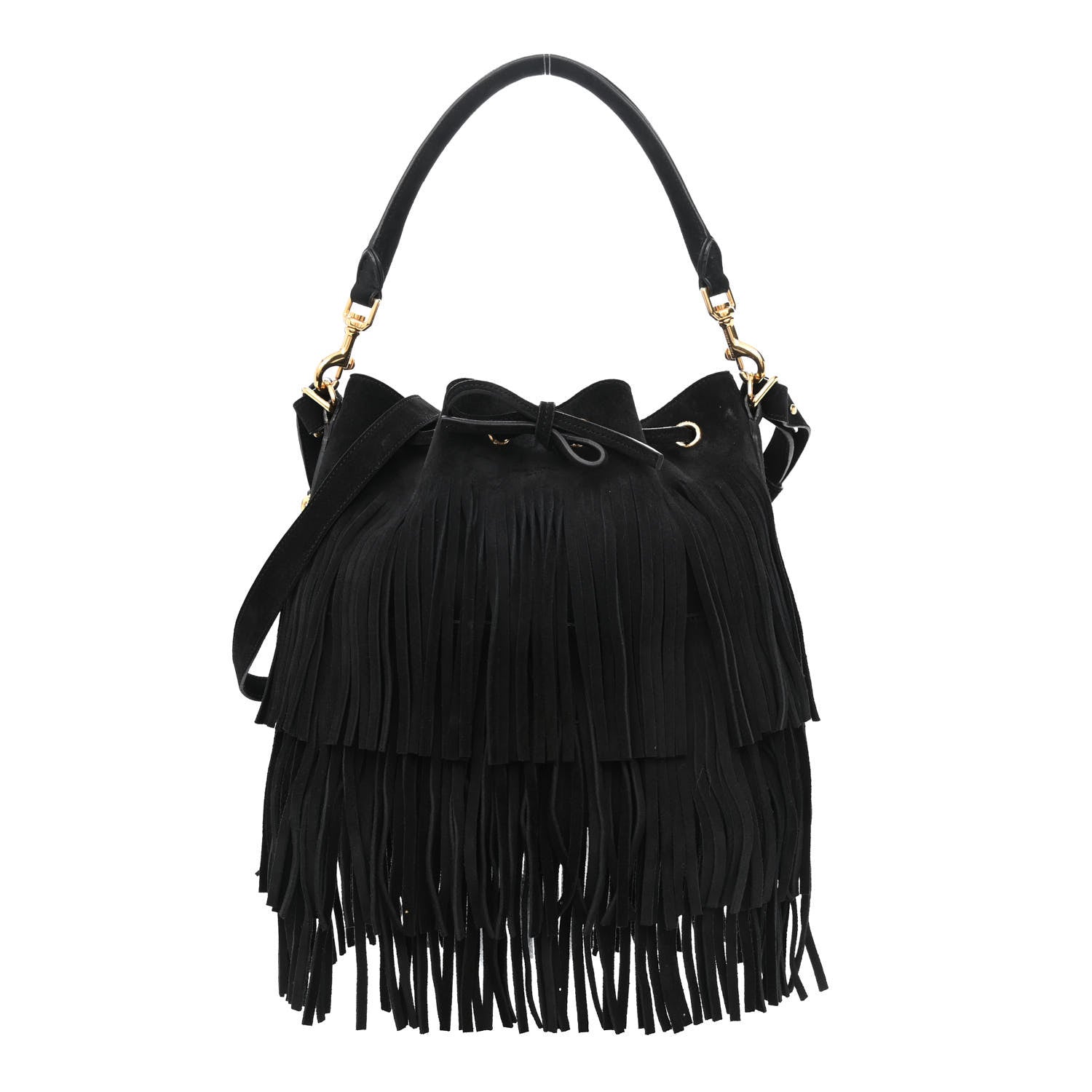 Saint Laurent Suede Calfskin Small Emmanuelle Fringe Bucket Bag Black 1 of 9