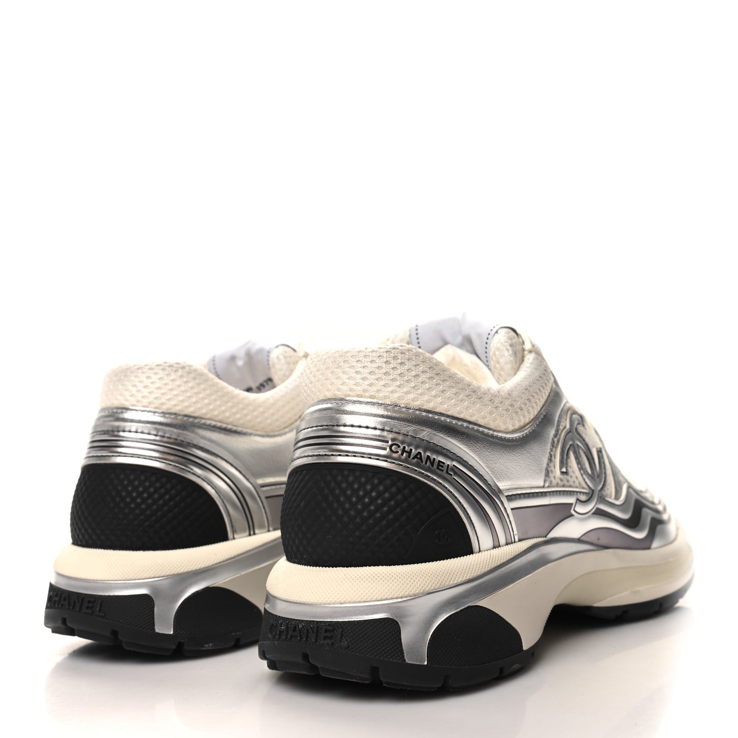 Fabric Laminated Calfskin Stretch CC Womens Sneakers 40 White Gold Silver