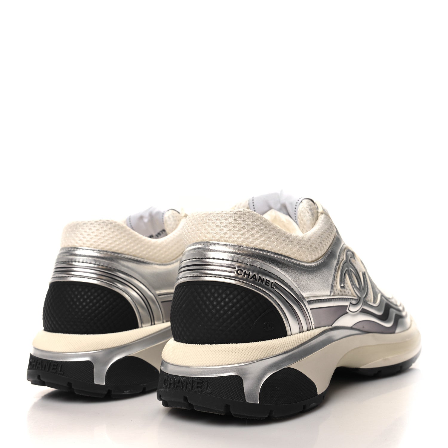 Chanel Fabric Laminated Calfskin Stretch CC Womens Sneakers 40 White Gold Silver 4 of 9