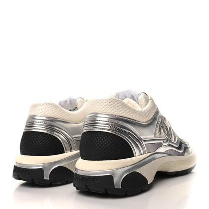 Chanel Fabric Laminated Calfskin Stretch CC Womens Sneakers 40 White Gold Silver 4 of 9