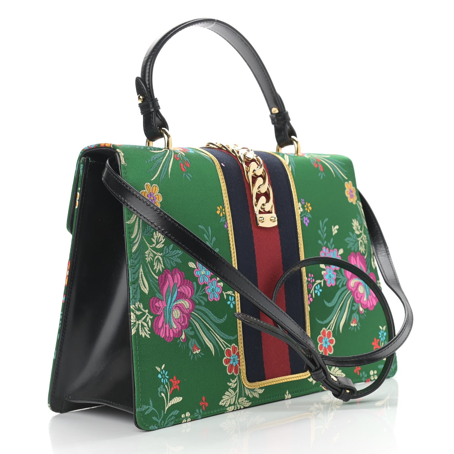 Gucci Jacquard Floral Medium Sylvie Top Handle Bag Green Multicolor Black 3 of 9