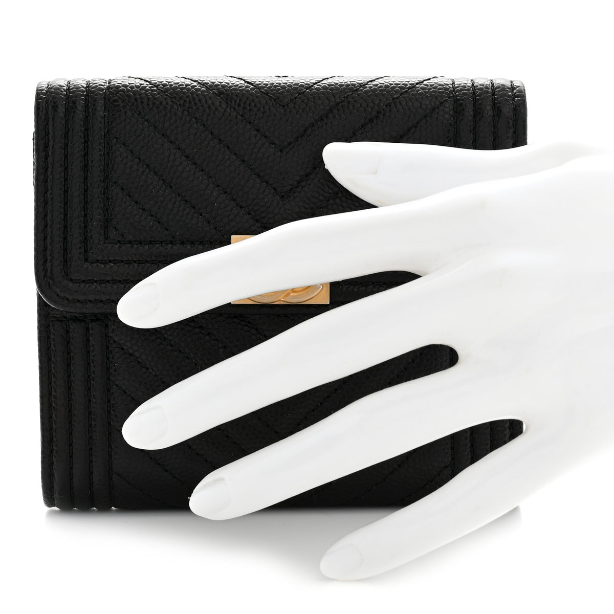 Caviar Chevron Quilted Boy Compact Wallet Black