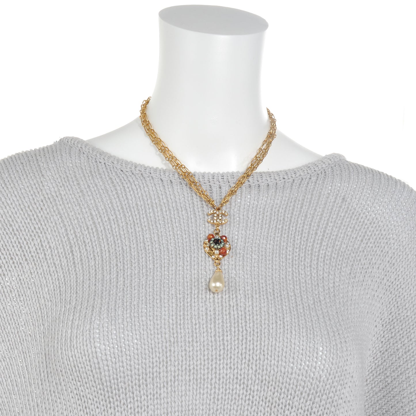 Jeweled Pearl CC Logo Drop Necklace Gold
