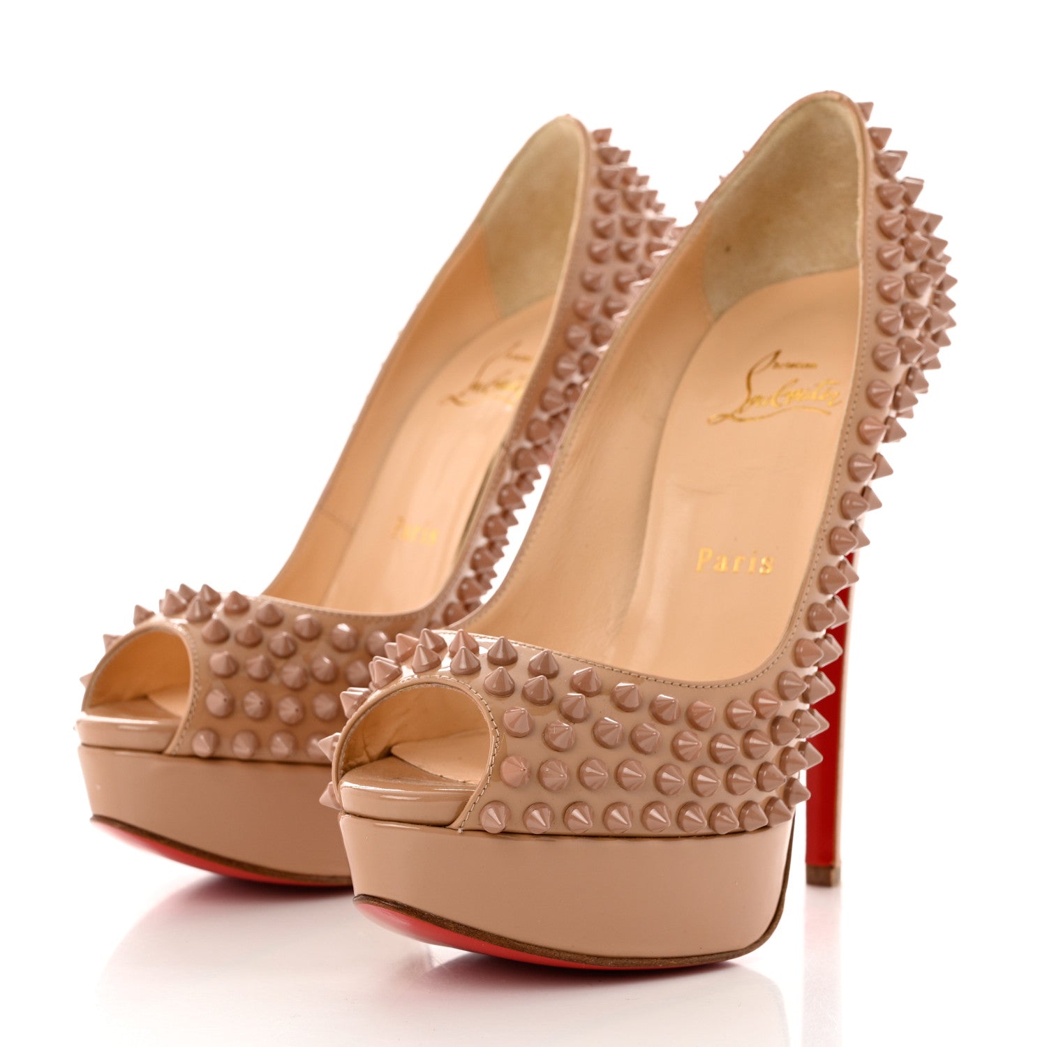 Christian Louboutin Patent Lady Peep Spikes 150 Pumps 37 Nude 2 of 10
