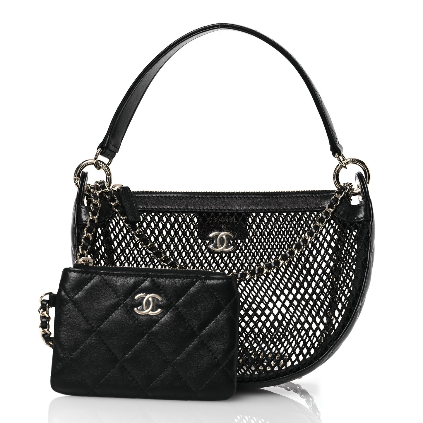 Mesh Shiny Lambskin Chain Hobo Black