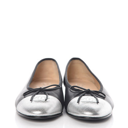 Chanel Calfskin Metallic Goatskin CC Cap Toe Ballerina Flats 39.5 Black Silver 2 of 8
