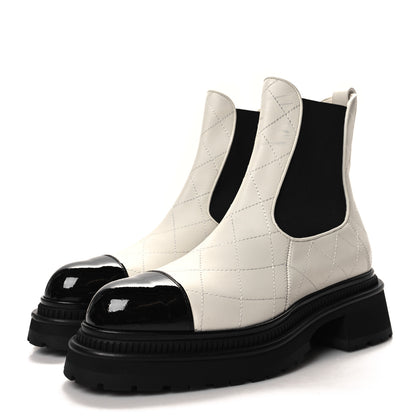 Chanel Calfskin Patent Cap Toe Quilted Short Boots 38 White Black 3 of 9