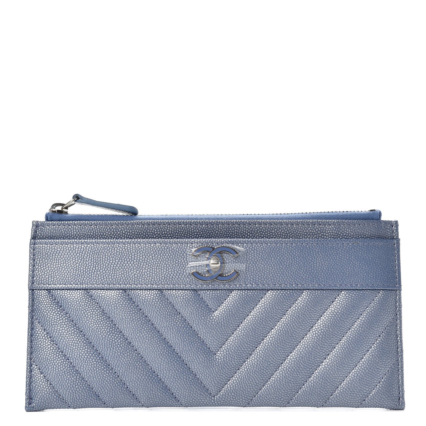 Metallic Caviar Chevron Quilted Mademoiselle Vintage Zip Pouch Blue