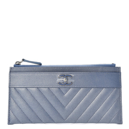 Chanel Metallic Caviar Chevron Quilted Mademoiselle Vintage Zip Pouch Blue 1 of 8