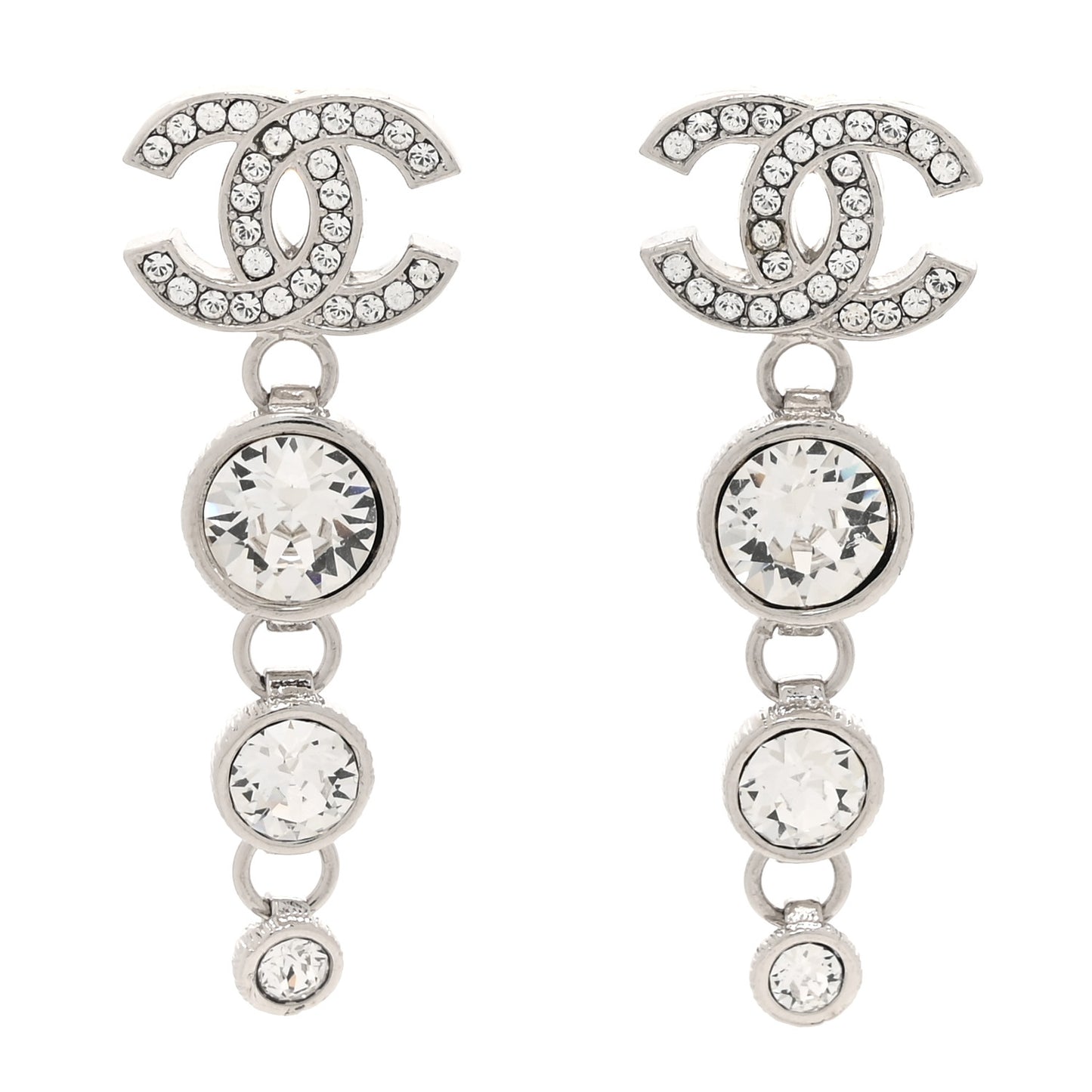 Metal Crystal CC Drop Earrings Silver