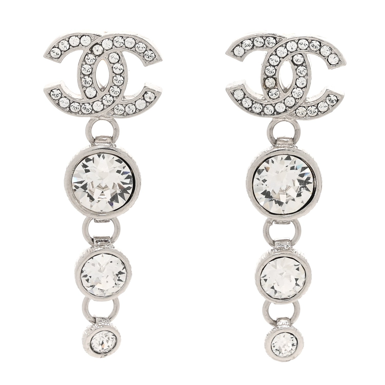 Chanel Metal Crystal CC Drop Earrings Silver 1 of 5