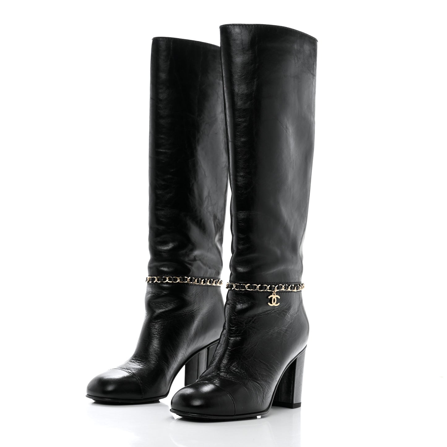 Calfskin Cap Toe Chain Boots 37 Black