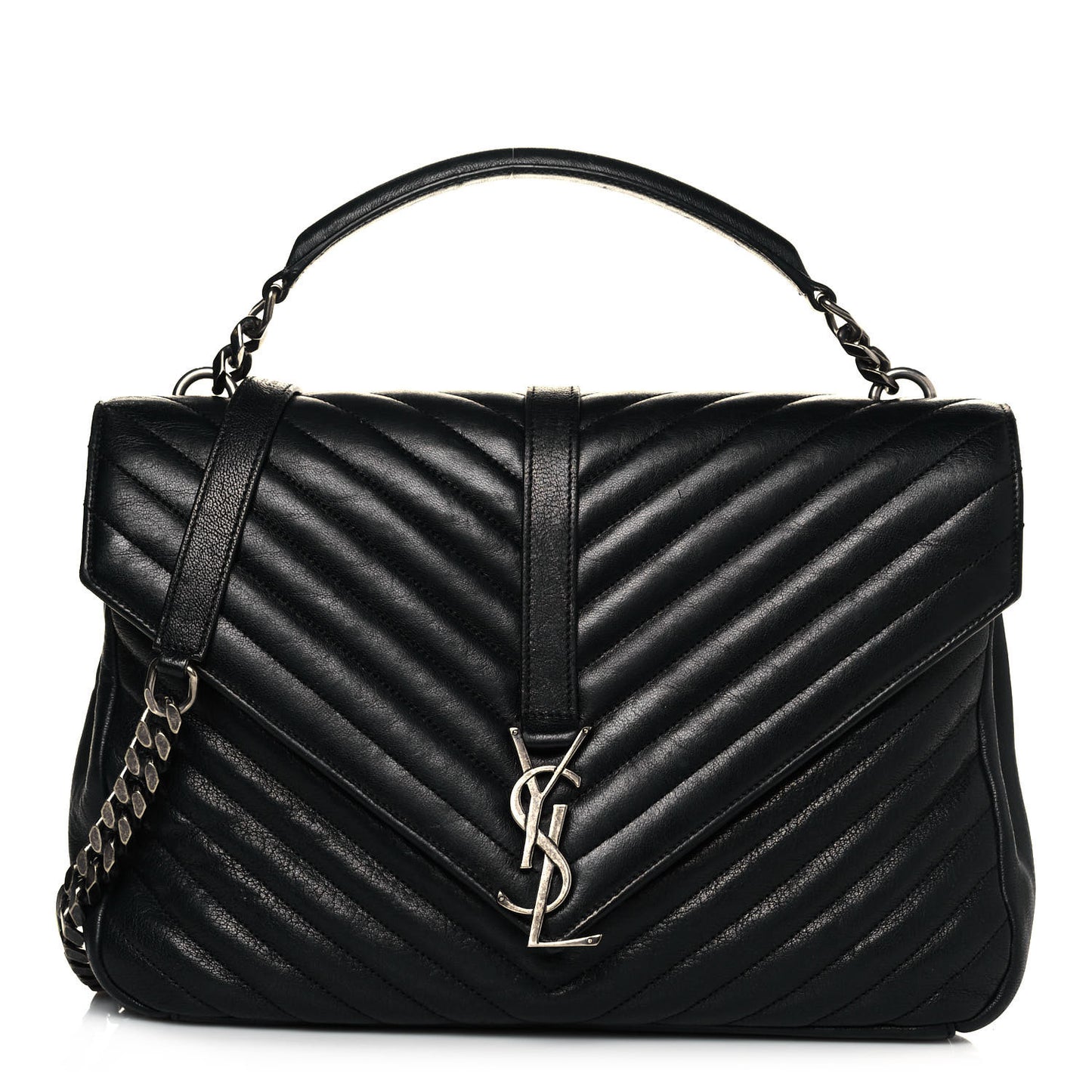 Sheepskin Matelasse Chevron Monogram Large College Satchel Black