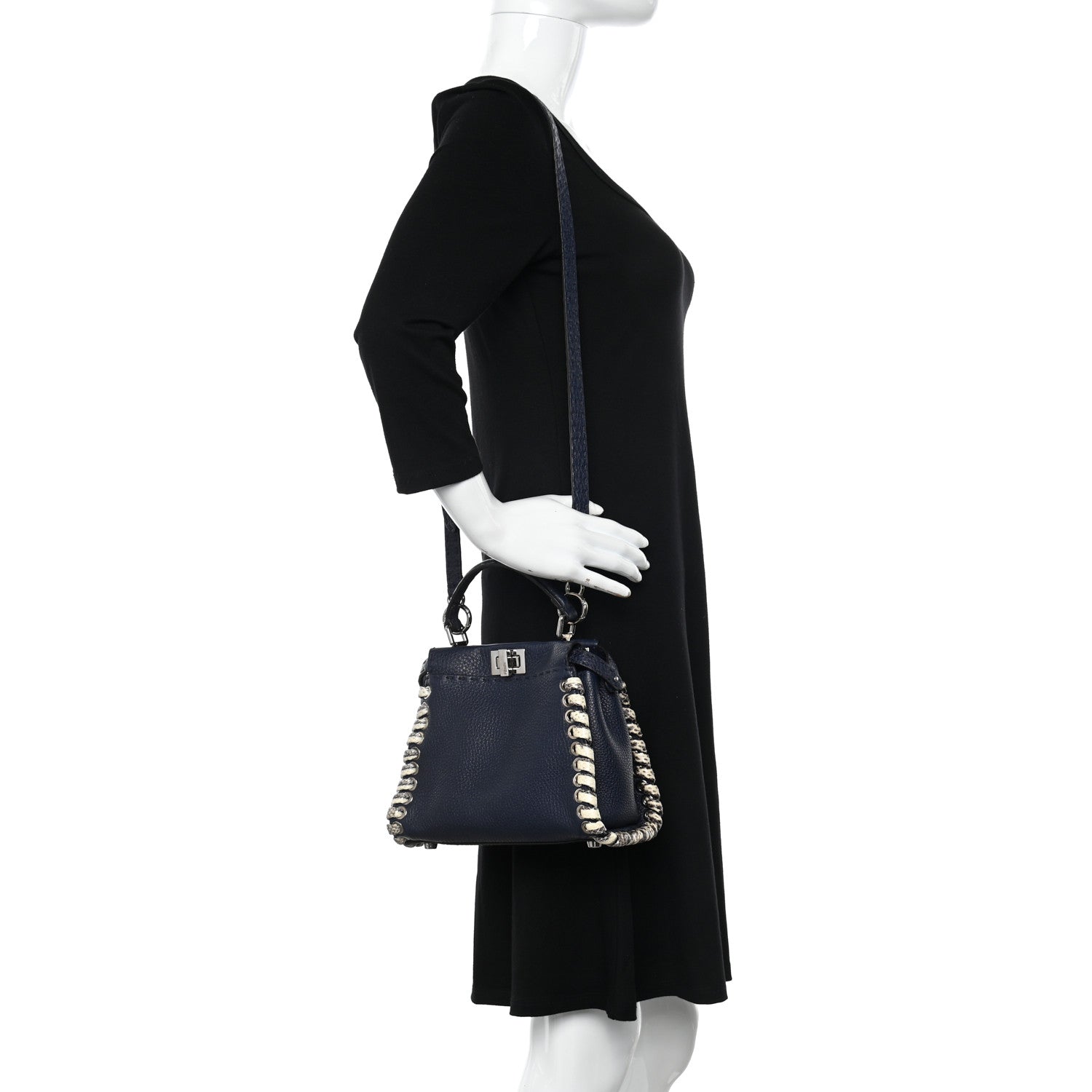 Fendi Cuoio Romano Selleria Elaphe Lace Up Mini Peekaboo Iconic Satchel Blue Notte Natural 2 of 11