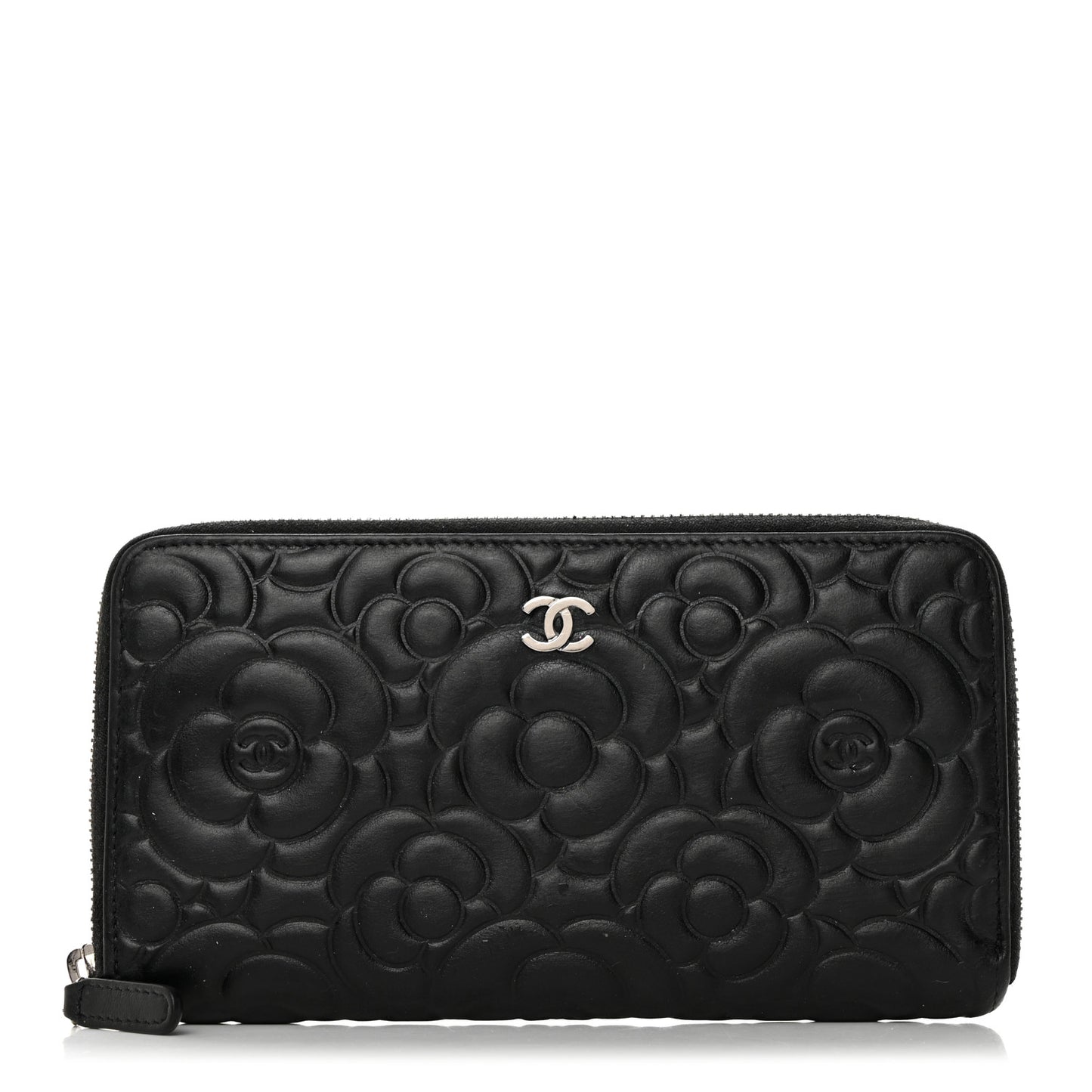 Lambskin Camellia Embossed Large Zip Around Gusset Wallet Black