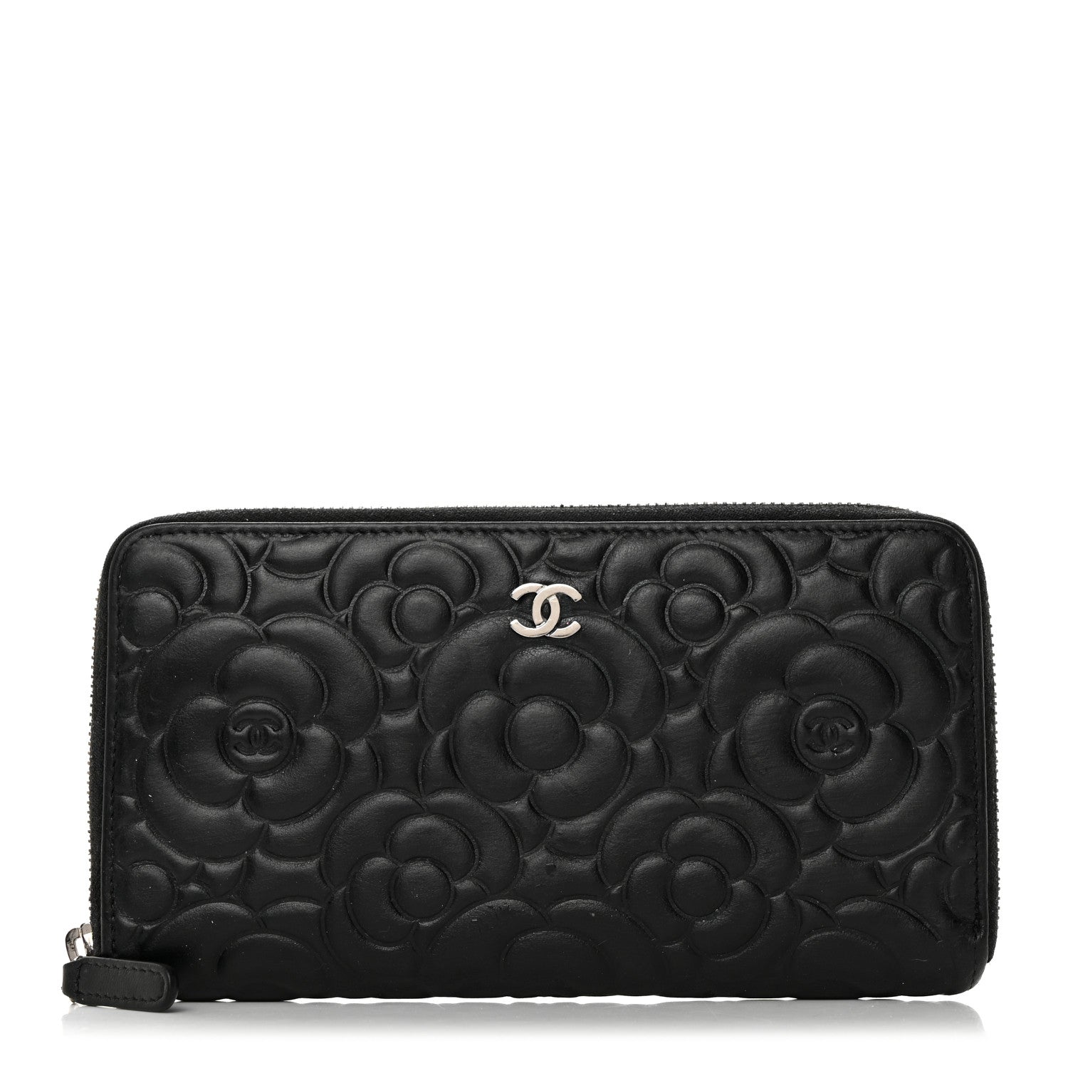 Chanel Lambskin Camellia Embossed Large Zip Around Gusset Wallet Black 1 of 12