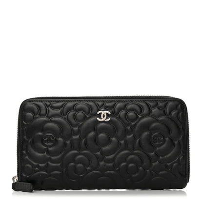 Chanel Lambskin Camellia Embossed Large Zip Around Gusset Wallet Black 1 of 12