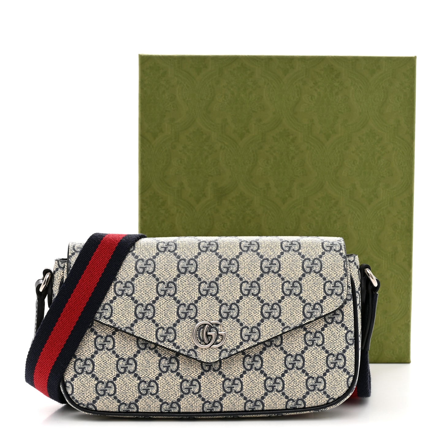 GG Supreme Monogram Textured Dollar Calfskin Web Mini Ophidia Envelope Shoulder Bag Beige Blue