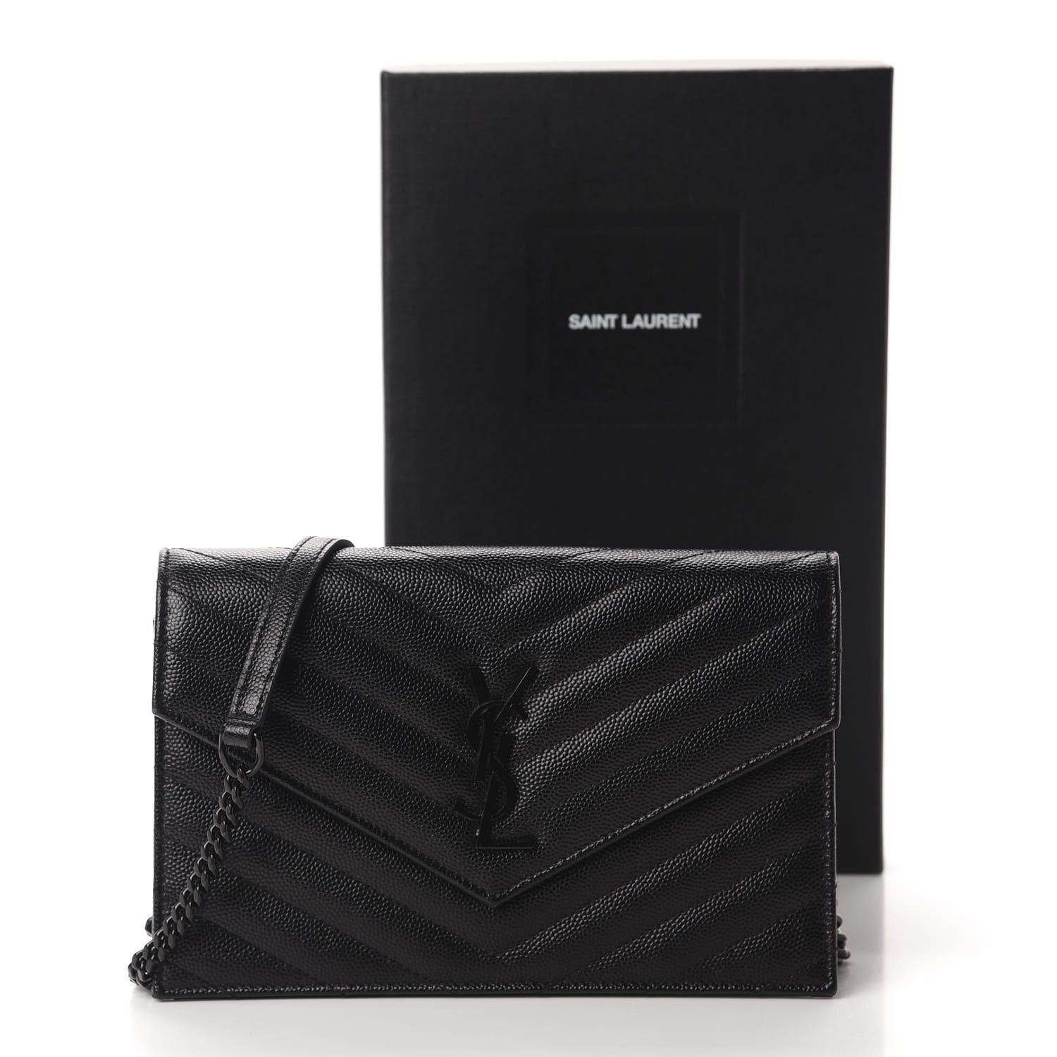Saint Laurent Grain De Poudre Matelasse Chevron Monogram Envelope Chain Wallet Black 11 of 11