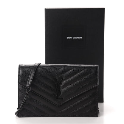 Saint Laurent Grain De Poudre Matelasse Chevron Monogram Envelope Chain Wallet Black 11 of 11