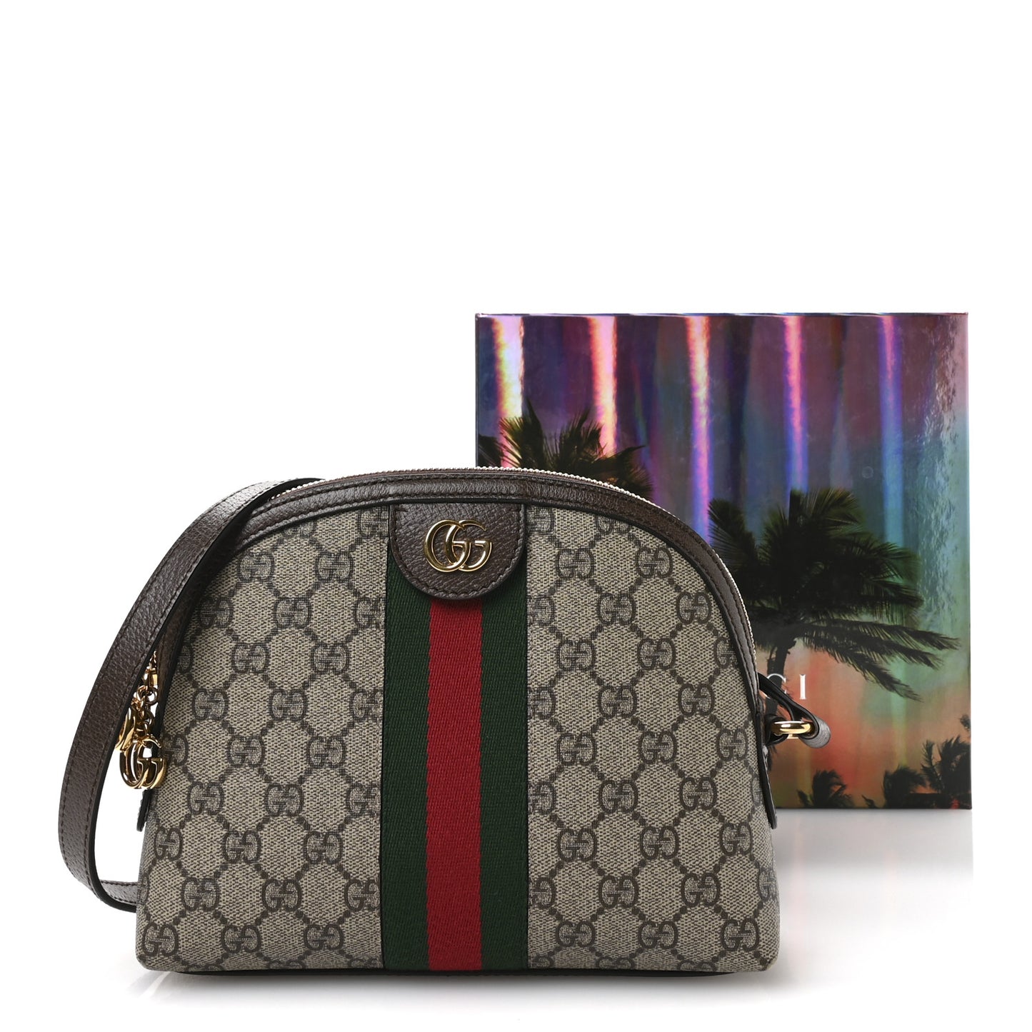 GG Supreme Monogram Textured Dollar Calfskin Web Small Ophidia Dome Shoulder Bag Beige Ebony New Acero