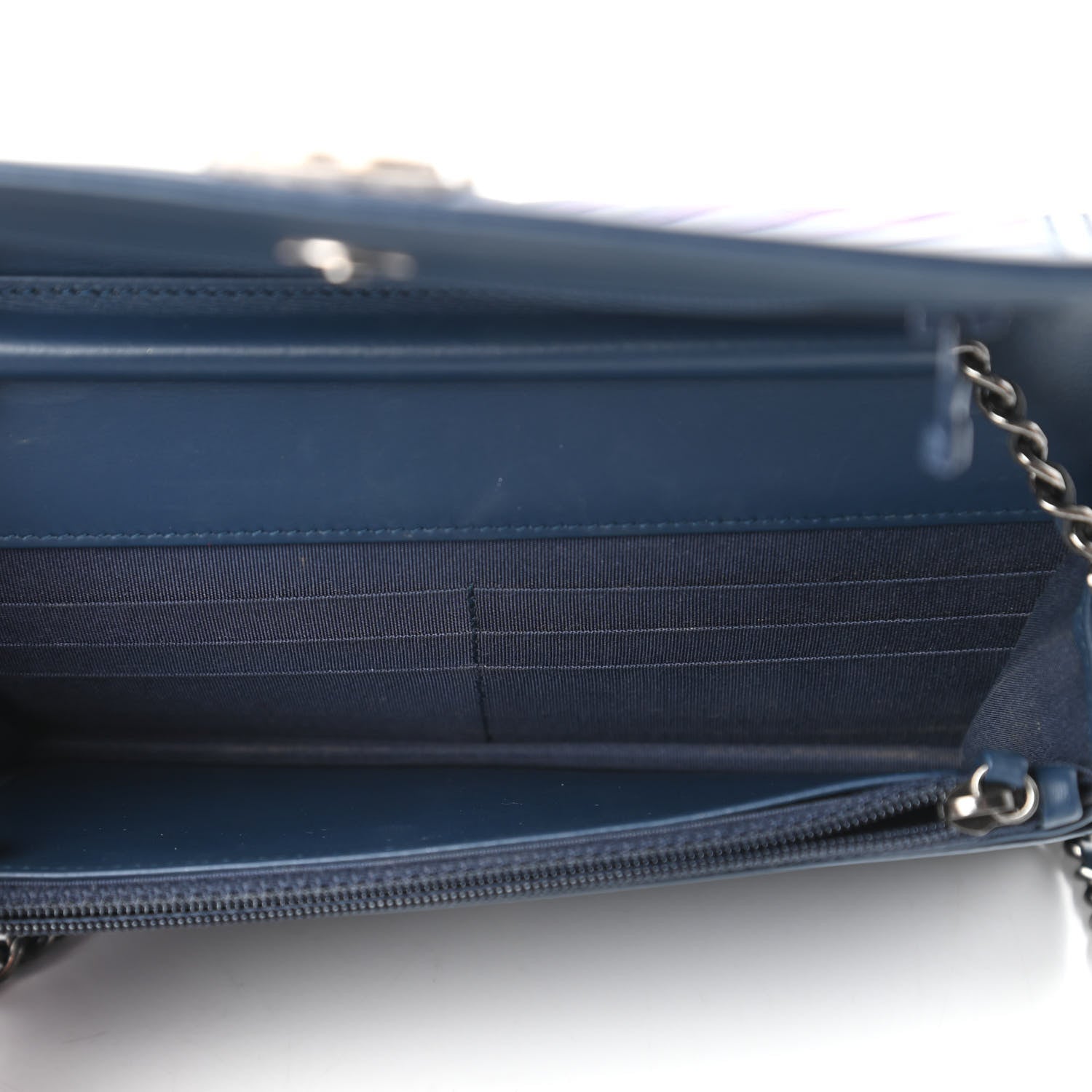 Chanel Calfskin Painted Chevron Embossed Boy Wallet On Chain WOC Navy 5 of 13