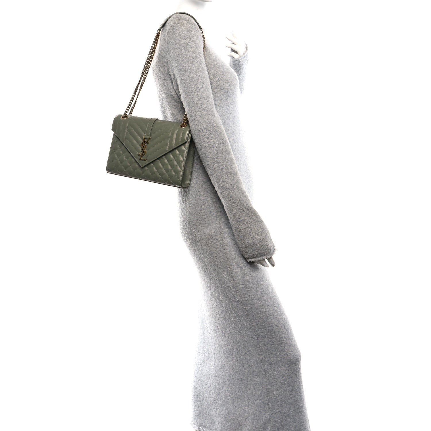 Saint Laurent Grain De Poudre Textured Mixed Matelasse Triquilt Medium Monogram Satchel Light Sage 2 of 11