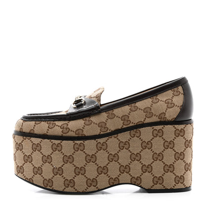 Gucci Canvas GG Monogram Womens Horsebit Platform Loafers 37 Beige Ebony Cocoa 1 of 10