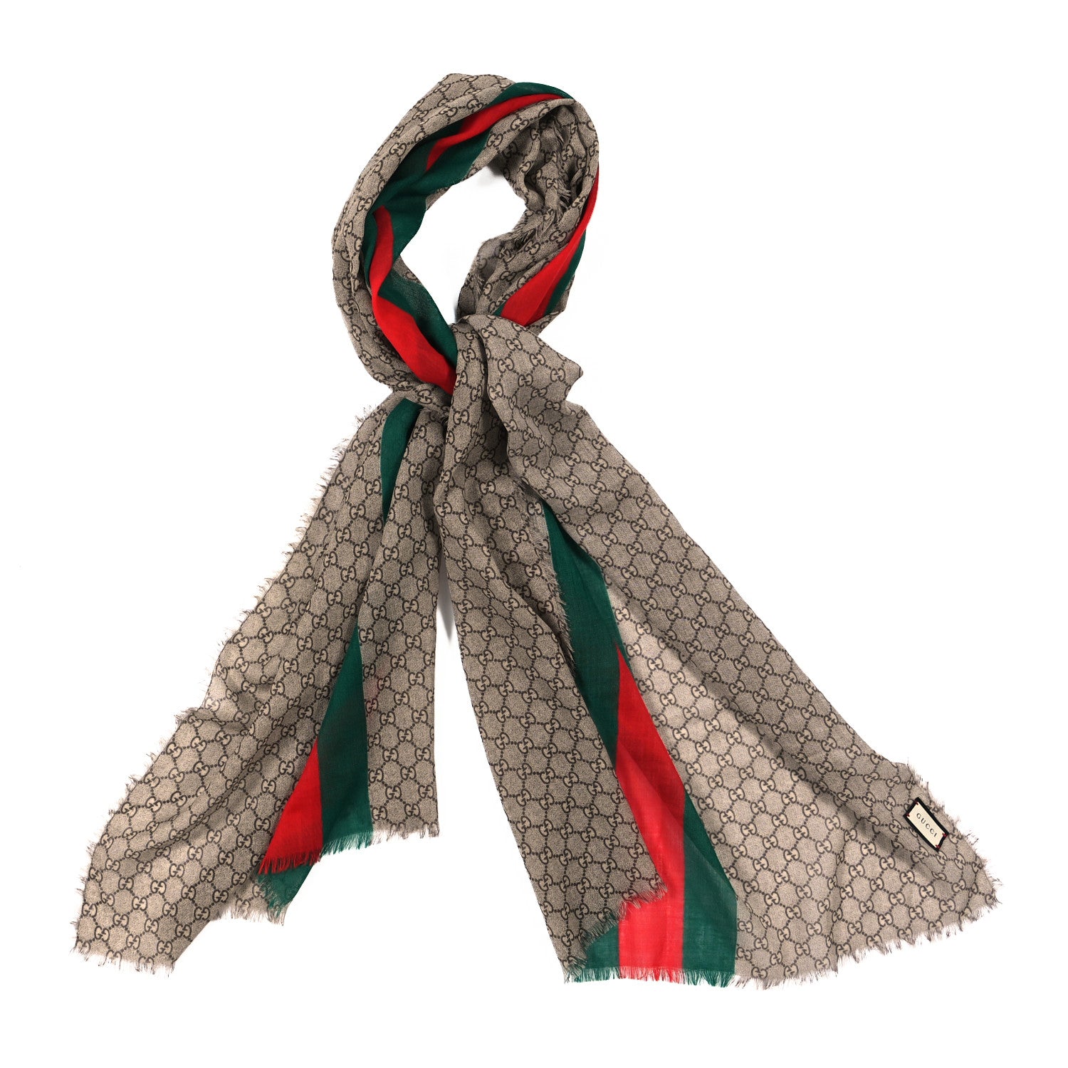 Gucci Wool GG Monogram Web Webole Scarf Beige Dark Green 1 of 3