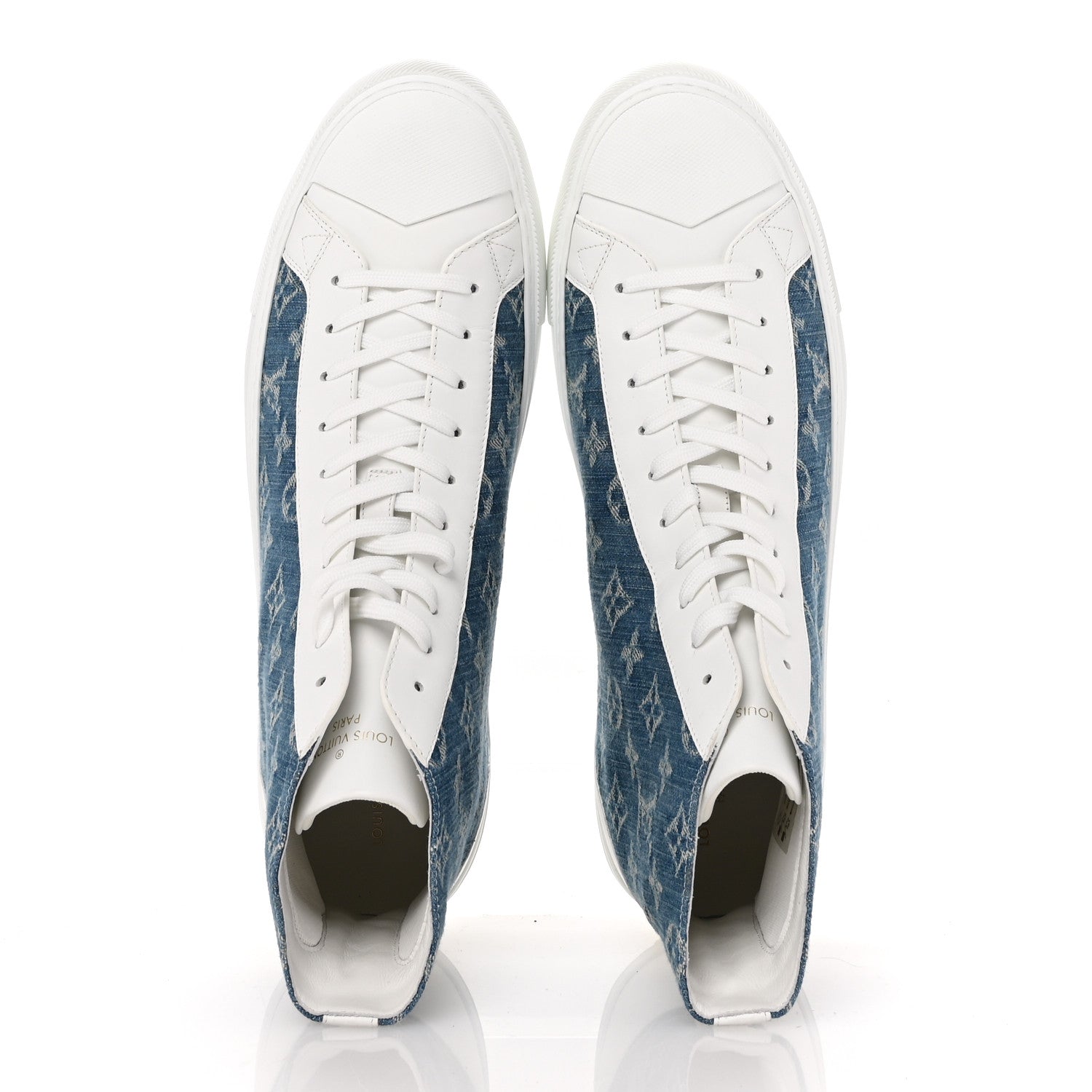 Louis Vuitton Calfskin Denim Monogram Mens Tattoo Sneaker Boots 11 White Blue 2 of 12