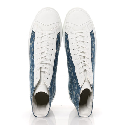 Louis Vuitton Calfskin Denim Monogram Mens Tattoo Sneaker Boots 11 White Blue 2 of 12