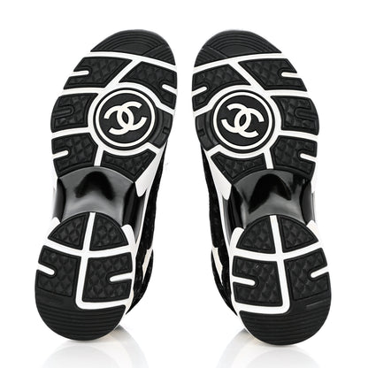 Chanel Suede Calfskin Printed CC Sneakers 36.5 Black White 5 of 9