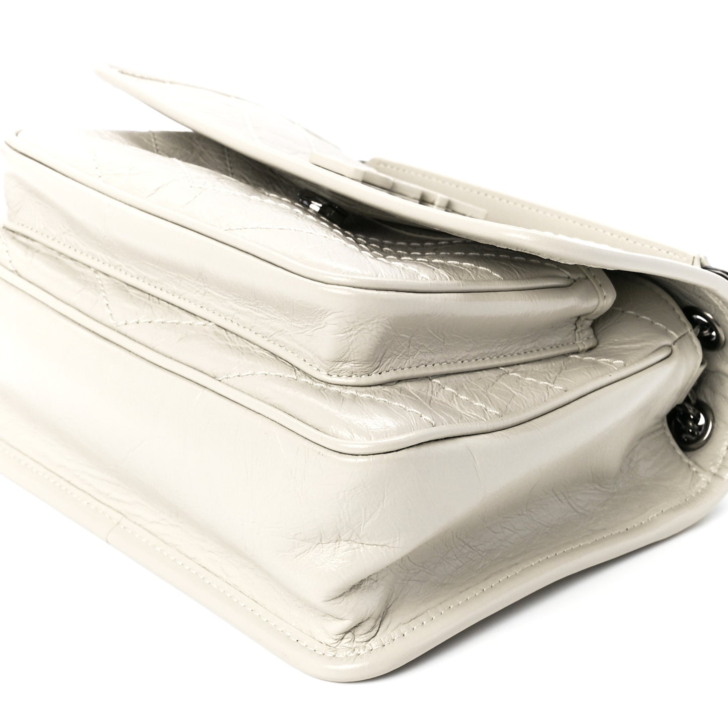 Crinkled Calfskin Matelasse Monogram Baby Niki Chain Satchel White