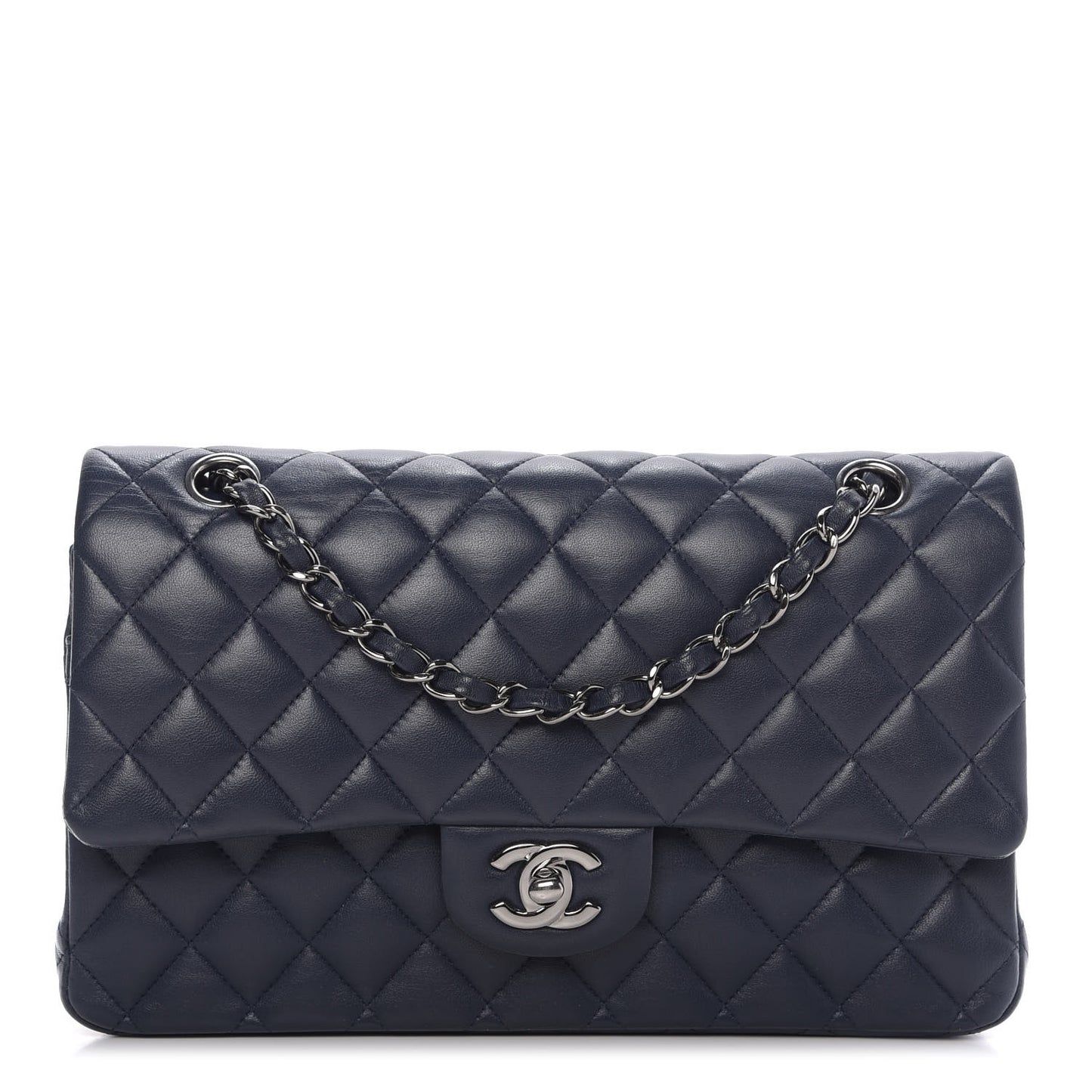 Lambskin Quilted Medium Double Flap Navy